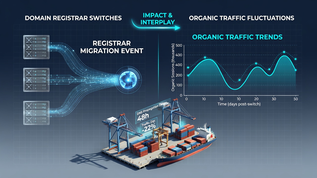 Chart displaying organic traffic recovery curves after domain registrar changes in specialized web portals